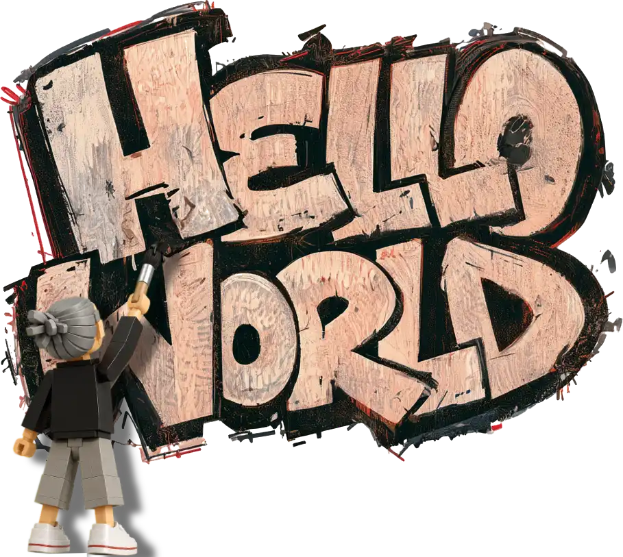 Gustavo lego figure painting graffiti that reads Hello World